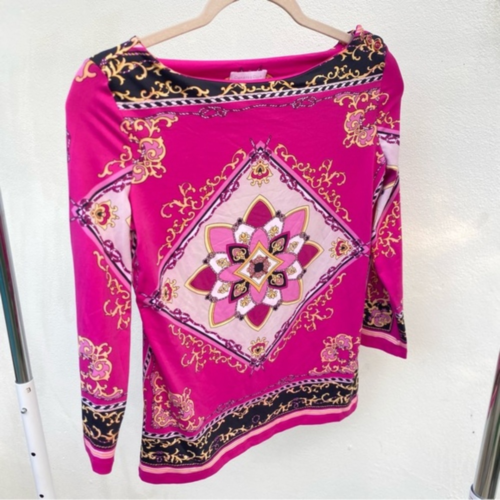 Y2K Pink Multicolor Baroque Scarf Print Blouse Size XS